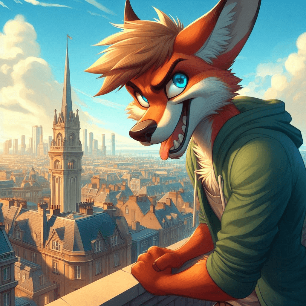 AI generated: Digital cartoon painting of a mischievous male anthropomorphic fox with an intense and playful face ...