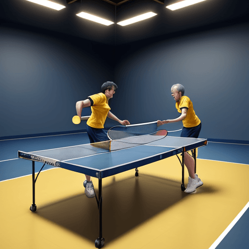 AI generated: TABLE TENNIS PLAYERS OVER FIFTY IN YELLOW T-SHIRTS WITH NAVY BLUE SLEEVES ON BOTH ARMS PRACTICING TA...