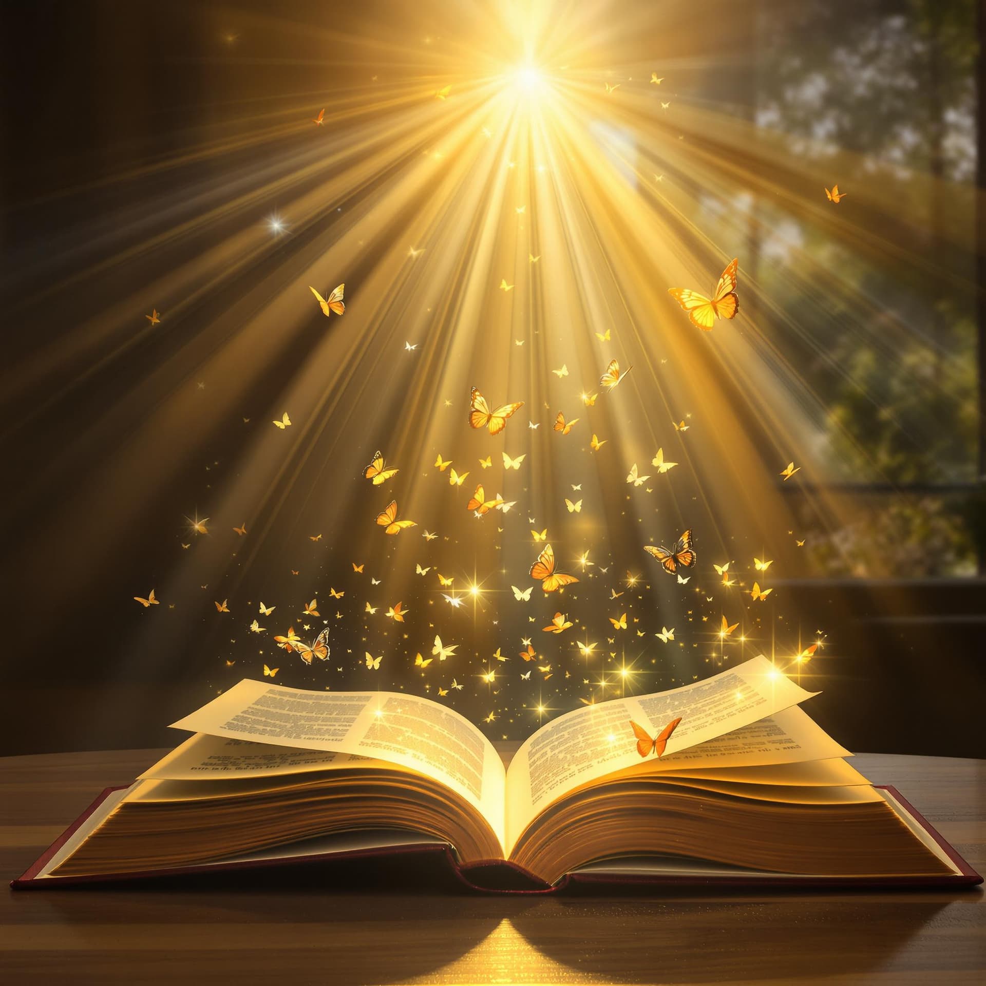AI generated: a book with light rays, butterflies in background, sat on a table in a room