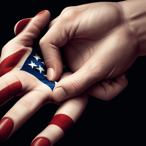 AI generated: Create a striking, powerful image of a hand, with a clenched fist, holding the American flag.