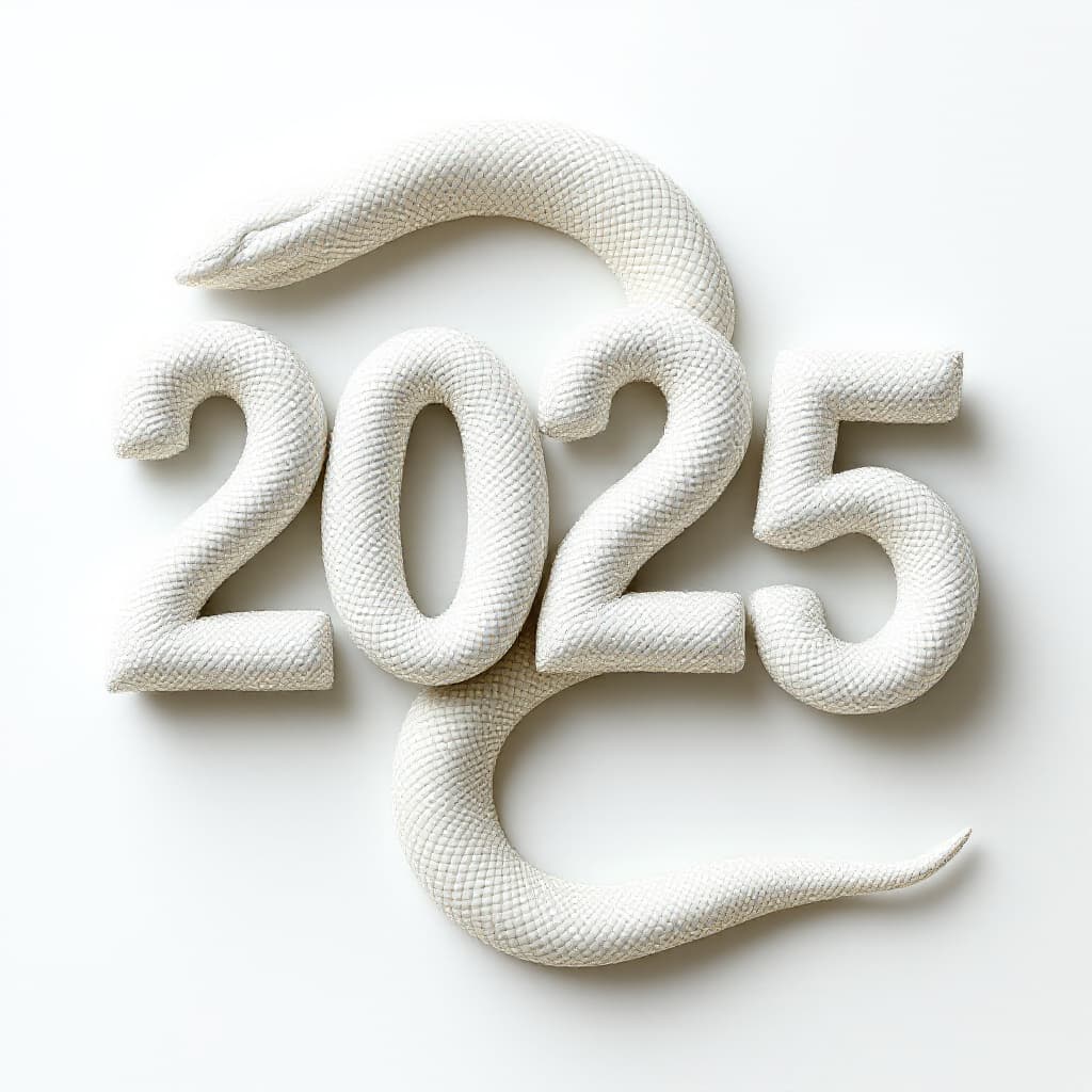 AI generated: Realistic white snake in the shape of 2025 number on a white background 


