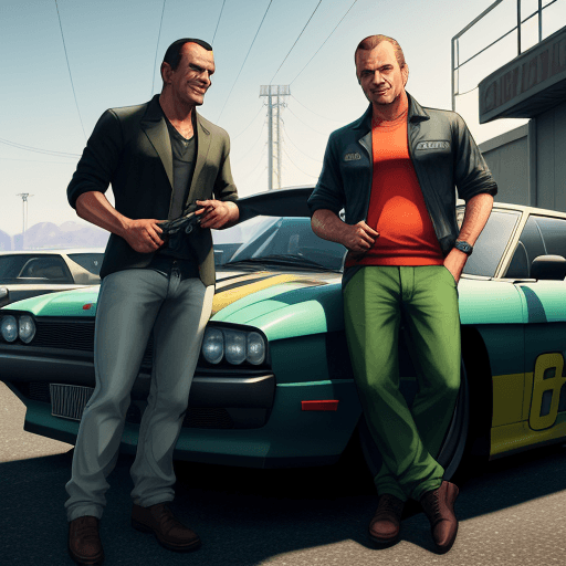 AI generated: a picture in the style of a gta 5 poster game, GTA V, 8k, UHD, HDR, two men in front of a wolkswagen...