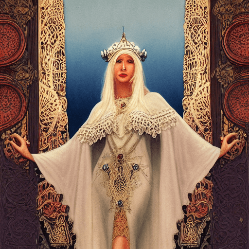 AI generated: pulp art, gorgeous of a beautiful white haired woman with pale skin and a crown on her head sitted o...