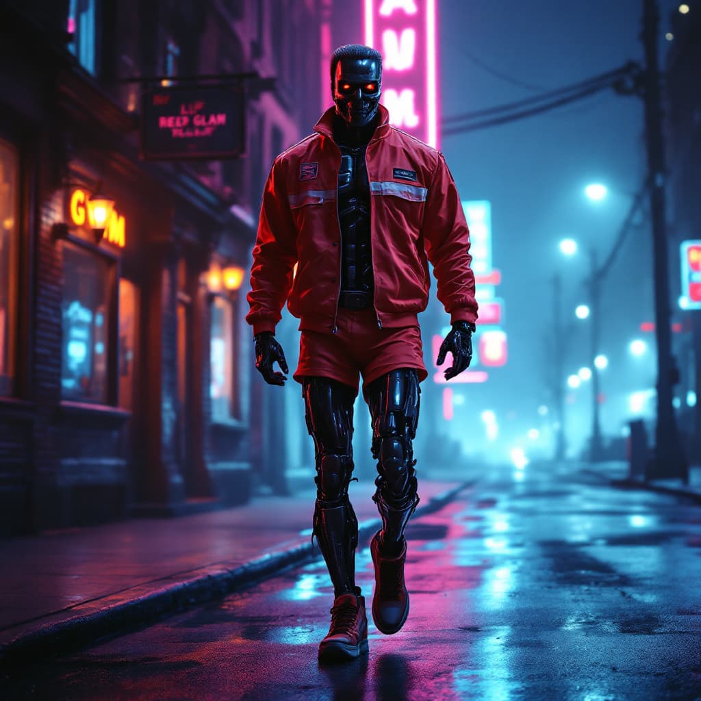 AI generated: A hyperrealistic 1980s-style cinematic scene showing the Terminator from The Terminator movie, walki...
