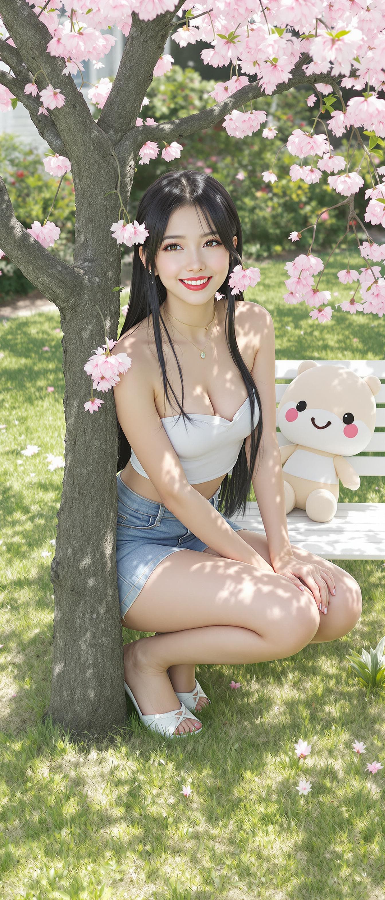 AI generated: 3D Render, full body, 1girl, outdoors, garden, cherry blossoms, squatting near the tree, shot from a...