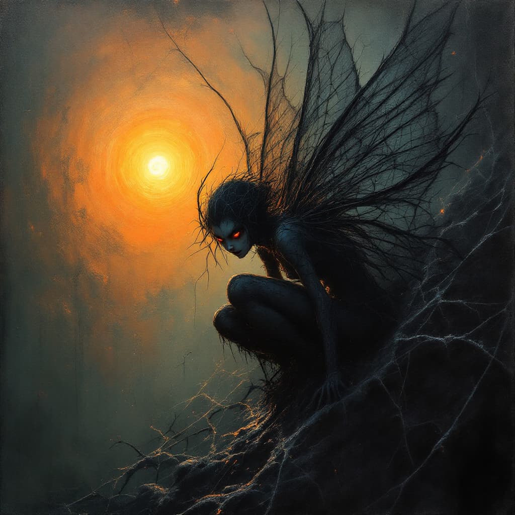 AI generated: A fairy with dark wings composed of intricate spider webs, crawling on a giant, slimy spider web, da...