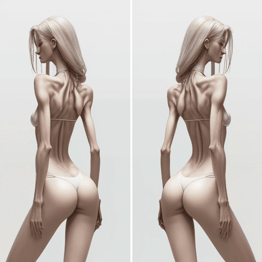 AI generated: very skinny white woman, bony and lean, with very long and slender  neck in bikini - can see the who...