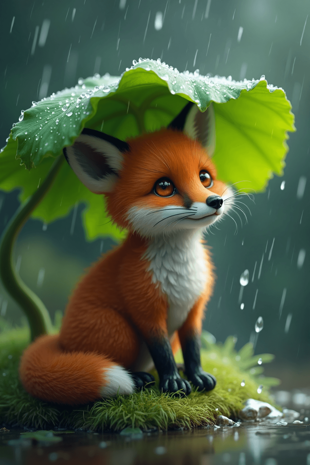 AI generated: A cute whimsical fox sits beneath a vibrant huge green leaf, its fur glistening with raindrops. The ...