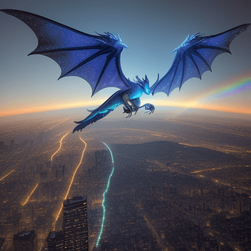 AI generated: form casting a mystical glow upon the urban landscape below. Its wingspan stretches for miles, seemi...
