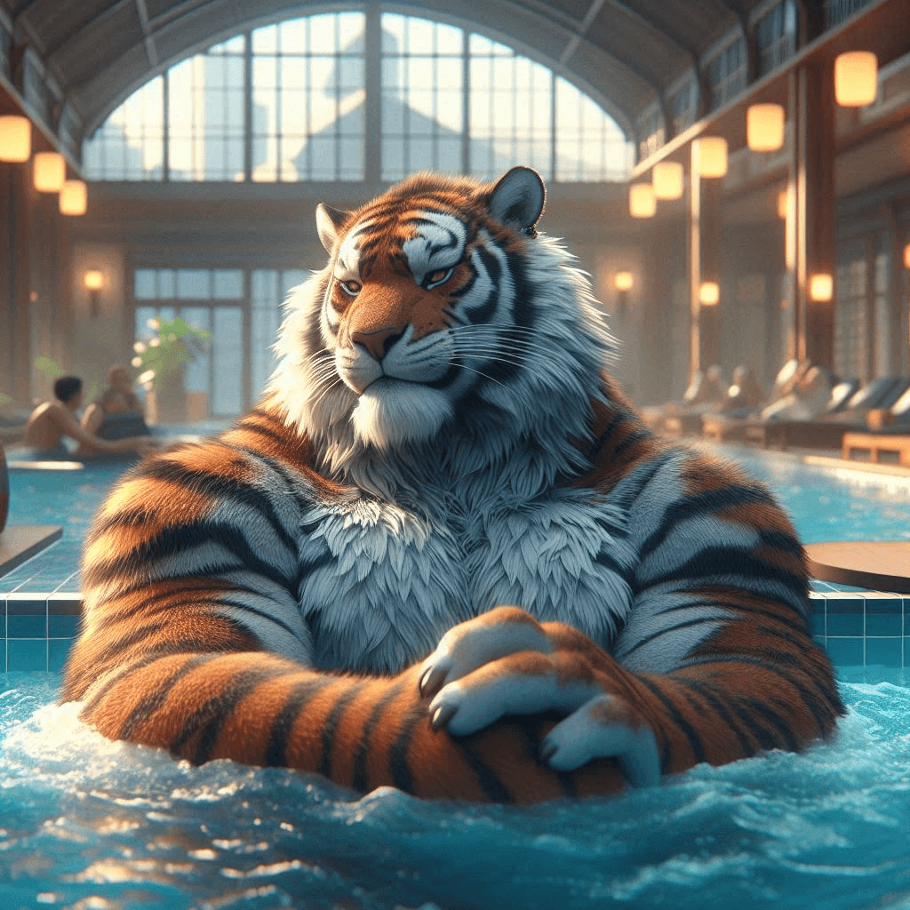 AI generated: Cinematic professional 3D animation of a long-furred anime tiger man relaxing in a hot tub in an ind...