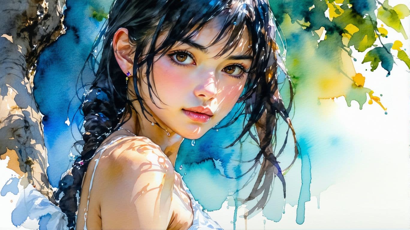 AI generated:  water colur illustration ,((anime) ), 24 year young anime asian girl, very sultry look, so hot girl...