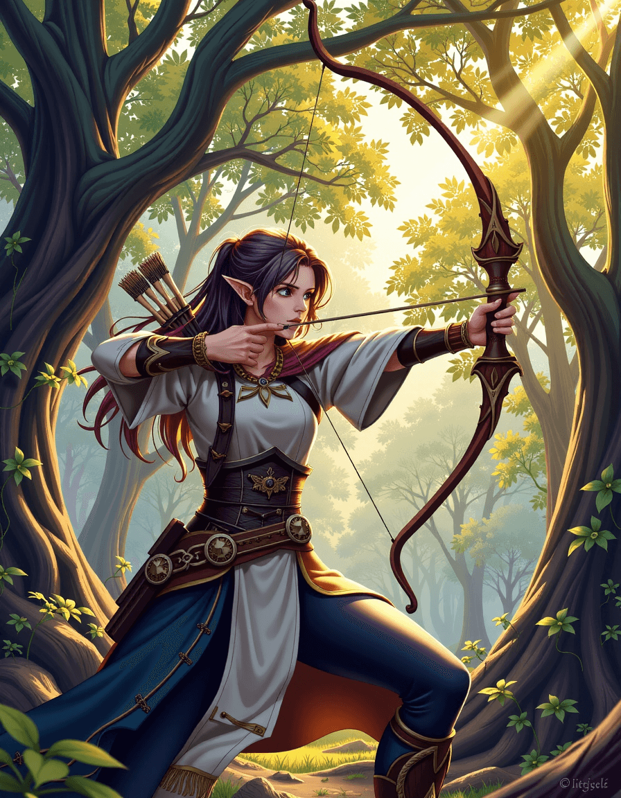 AI generated: "A female archer, skilled and focused, taking aim in a sun-dappled ancient forest, elven-inspired at...