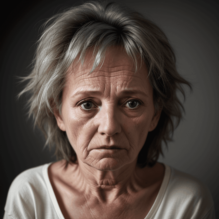 AI generated: hyper realistic headshot photo of a 60 year old, drunken, unkempt woman, she has a depressed look, l...