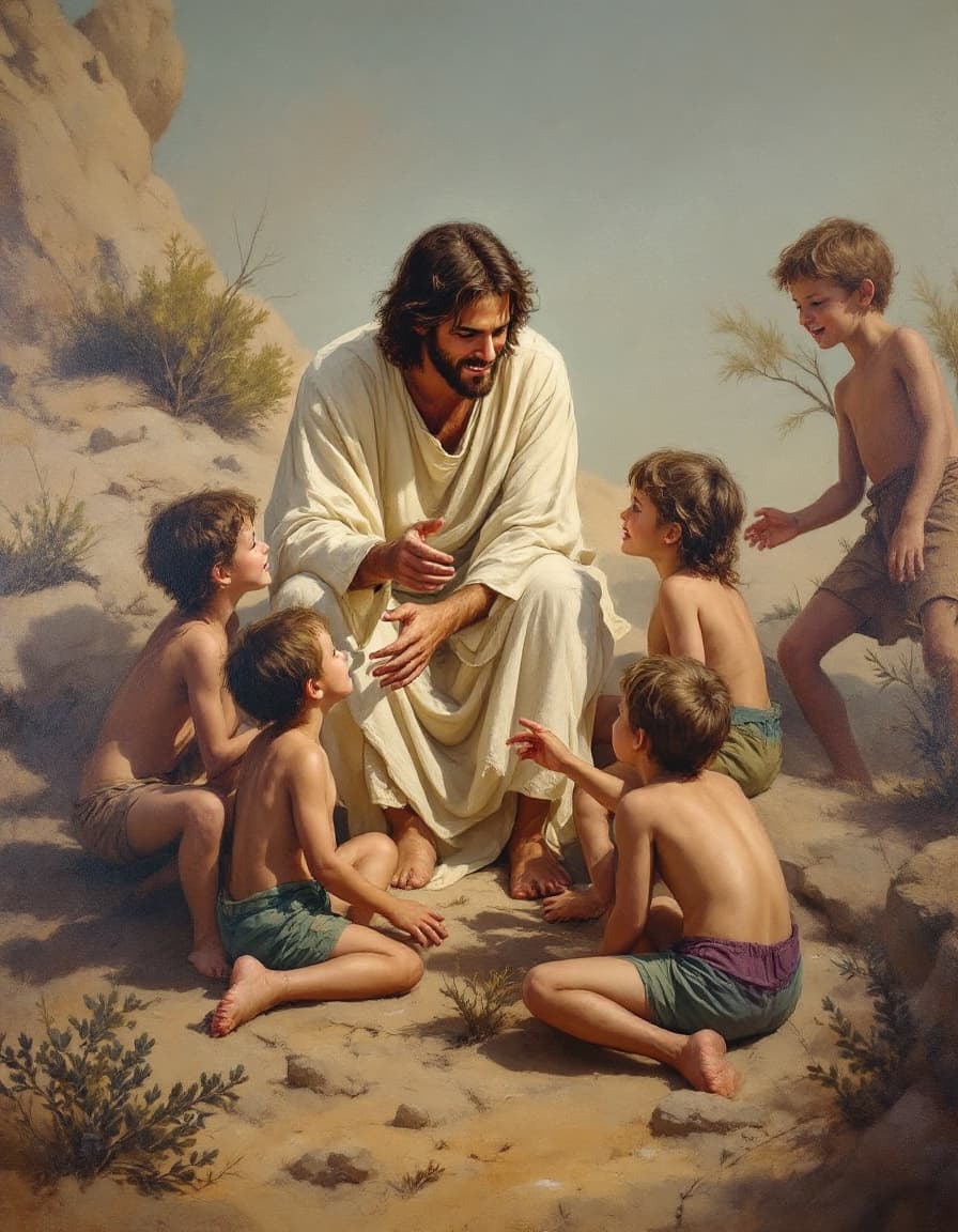 AI generated: rough oil painting of a handsome Jesus playing with a group of children
, a rocky terrain with a few...