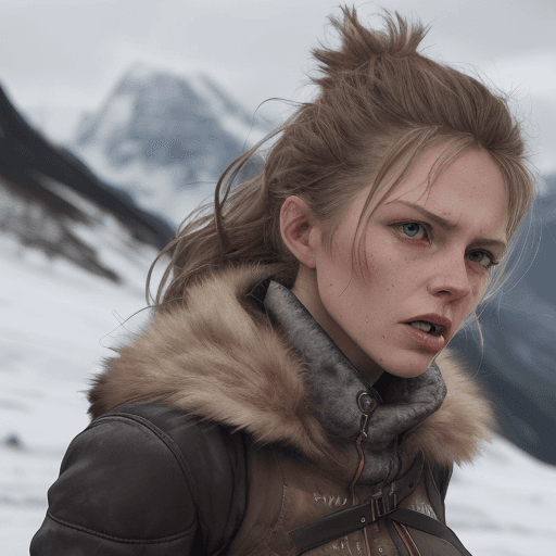 AI generated: close-up shot freya allen, sad, talking, open mouth, worn leather, fur, walking on a hiking trail in...