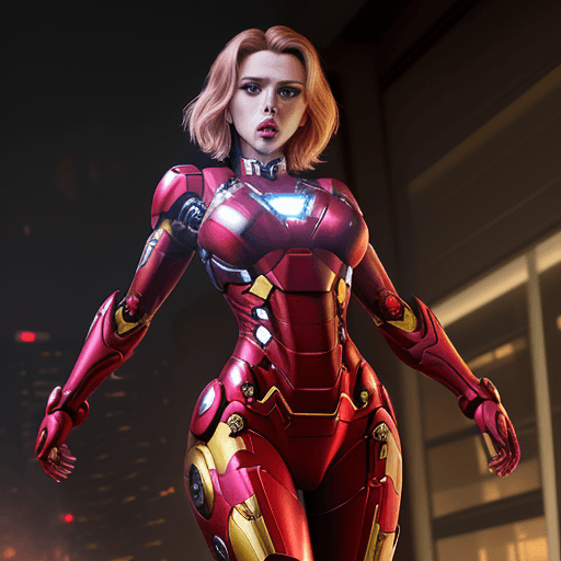 AI generated: scarlett johansson, ((wearing an iron man bikini)), metallic red and gold, (((in a sexy pose))), set...