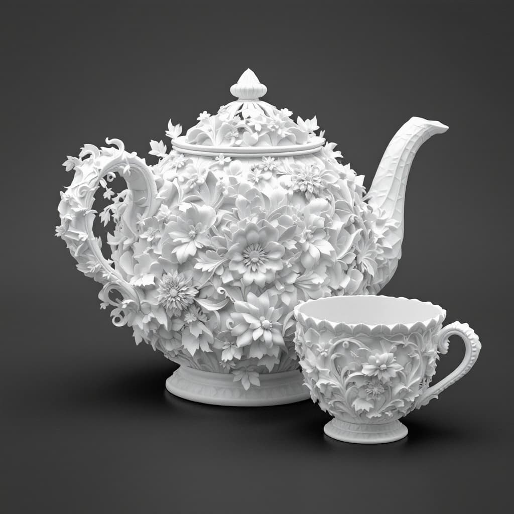 AI generated: Image Teapot and cup Intricate detailed white 3D paper patchwork, style by Catherine Abel, Stephen G...