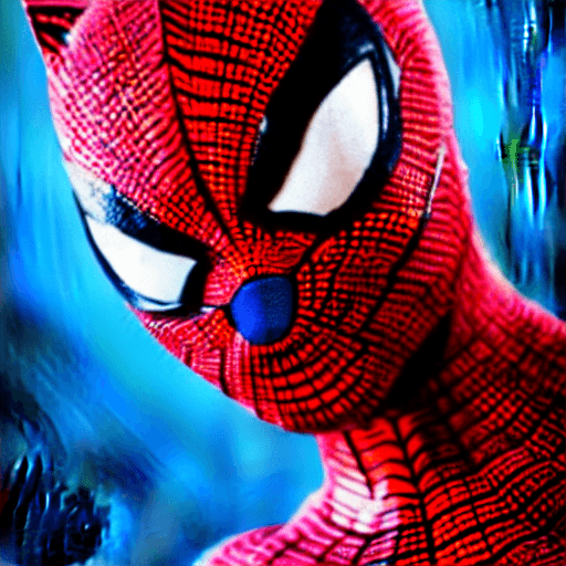 AI generated: cat head anthropomorphic humanoid body, marvel movie poster, spiderman character, blue spiderman sui...
