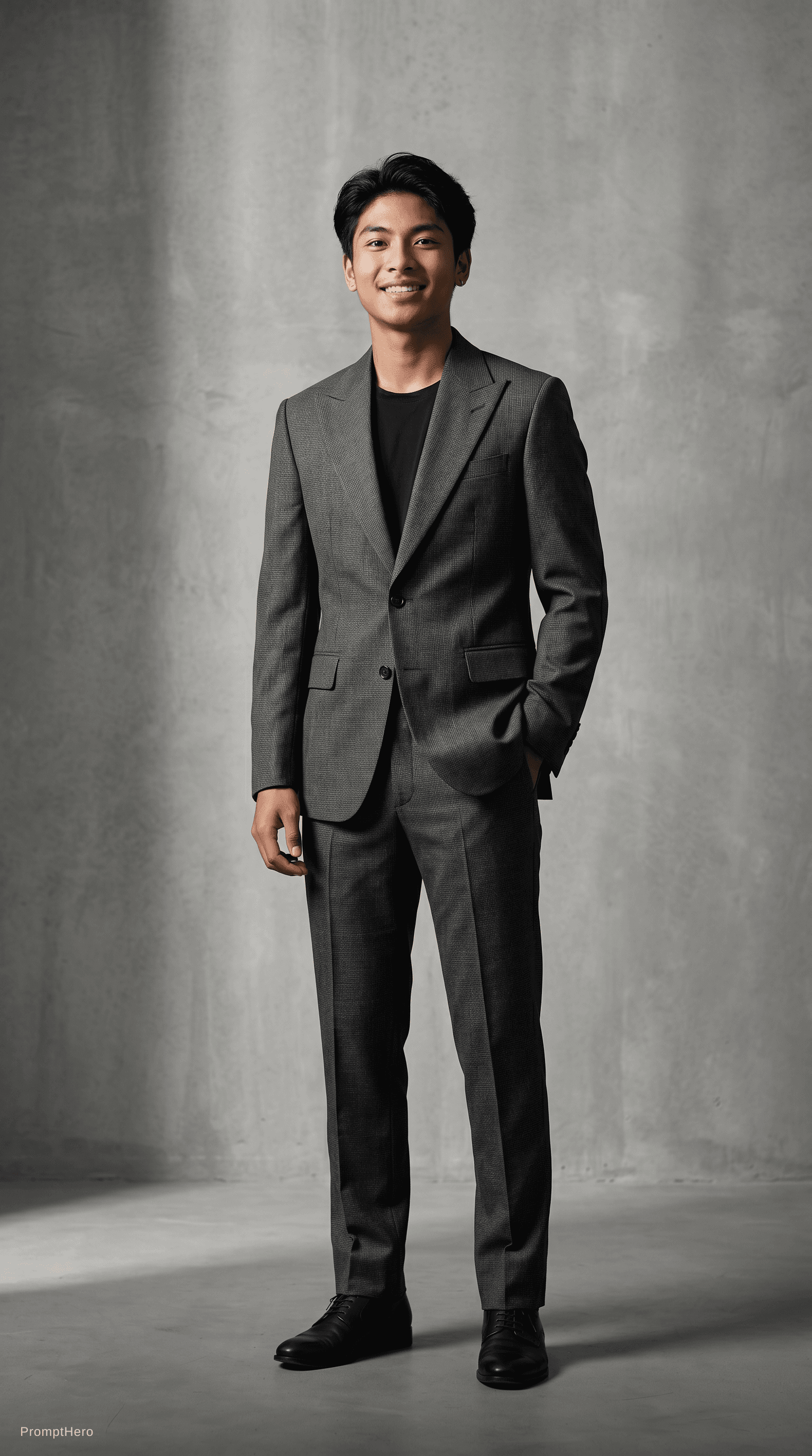 AI generated: Generate a high-end fashion image of a male model wearing a tailored modern suit with sharp lapels a...