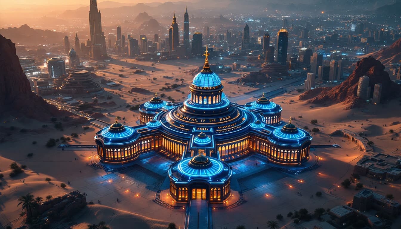 AI generated: The Central bank as seen from above : this imposing building in the busy center of a futuristic city...