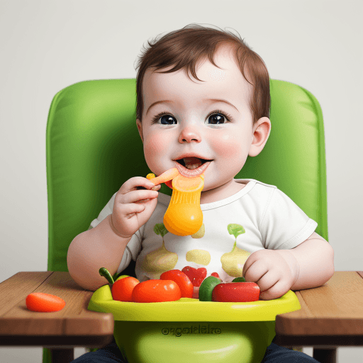 AI generated: create a realistic image of a baby eating fruits and vegetables, he is sitting in the chair and eati...