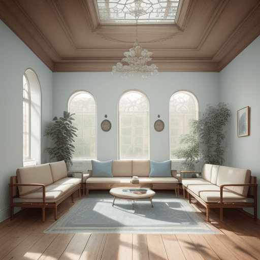 AI generated: High resolution photography interior design, dreamy sunken living room conversation pit, wooden floo...