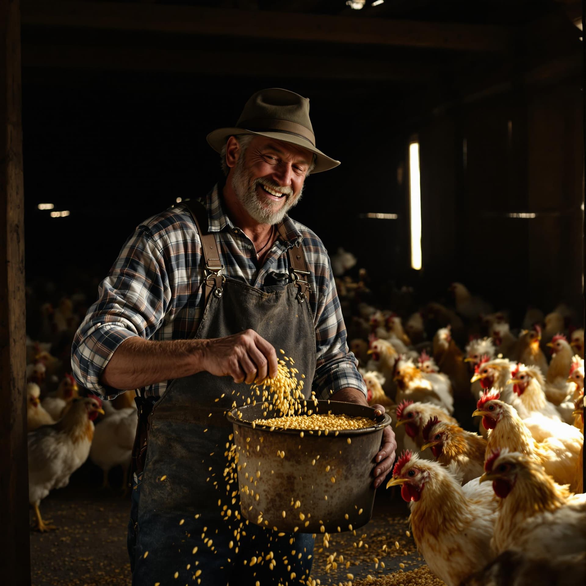 AI generated: A rustic farmer stands in a dimly lit barn, a warm smile spreading across his weathered face as he p...