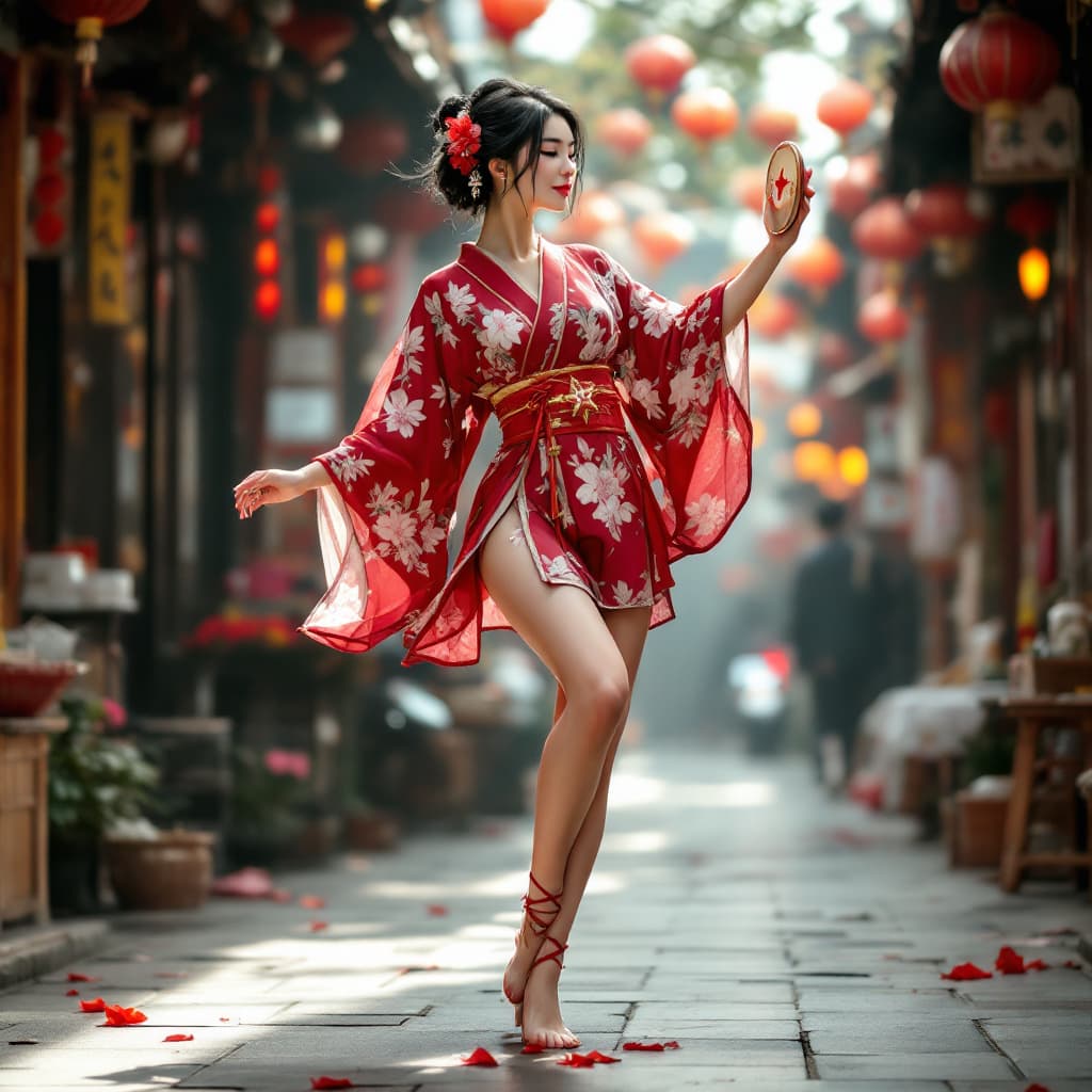 AI generated: Full body view of a beautiful corean woman, short black hair, flower in hair, Very short red flored ...