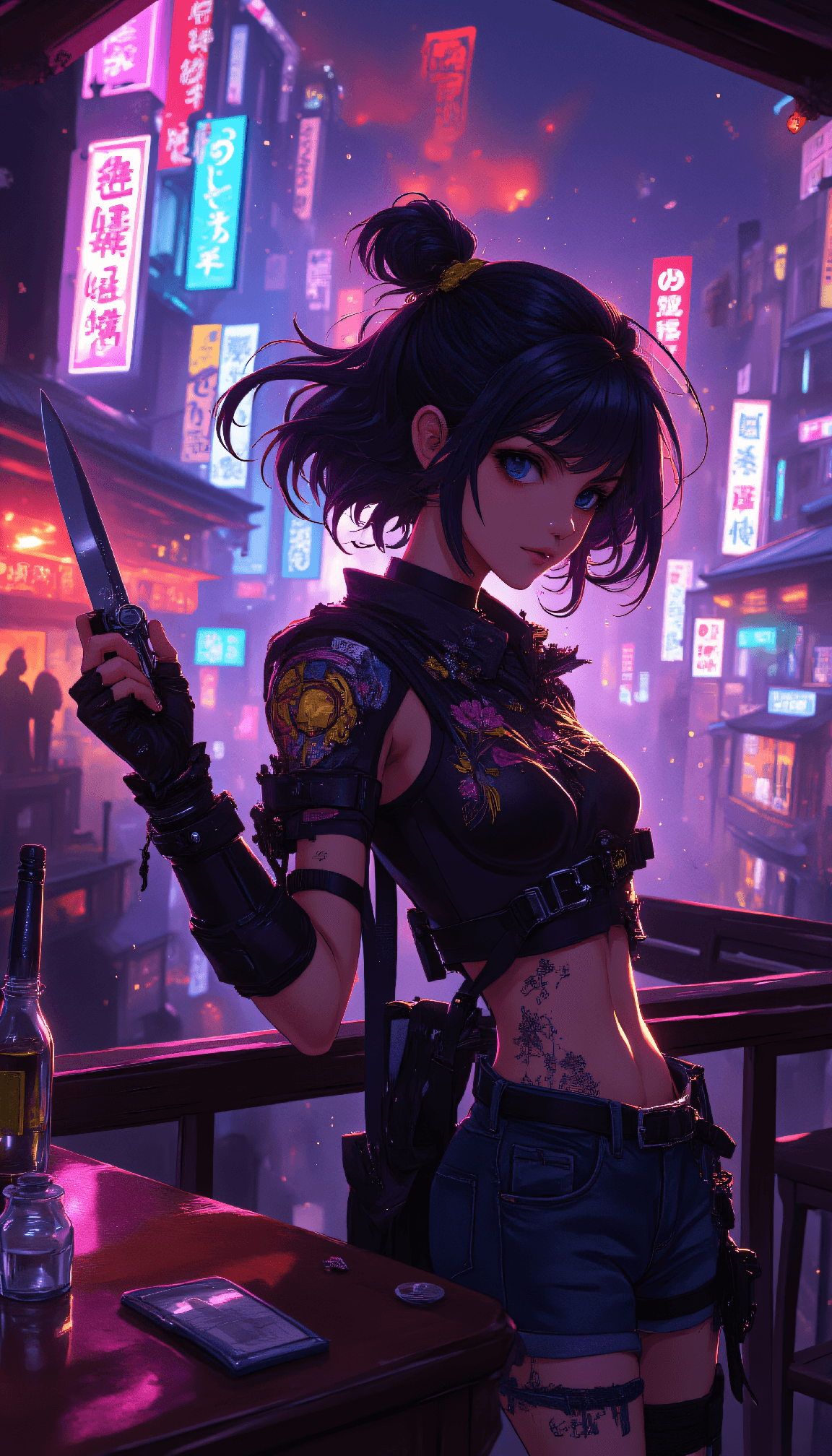 AI generated: anime artwork A monster hunter sharpens her silver dagger in a tavern, her leather armor crafted wit...