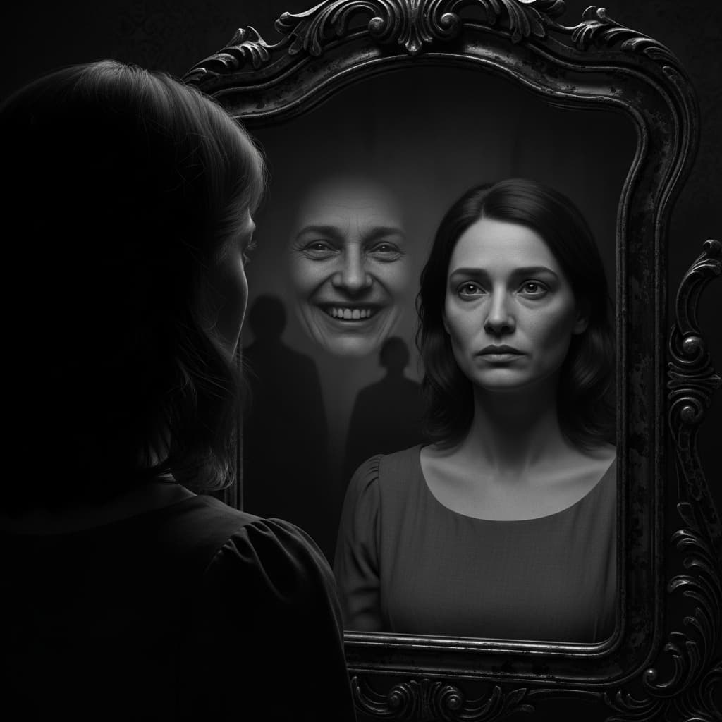 AI generated: “Photorealistic black and white image of a woman staring into a mirror — her reflection is smiling w...
