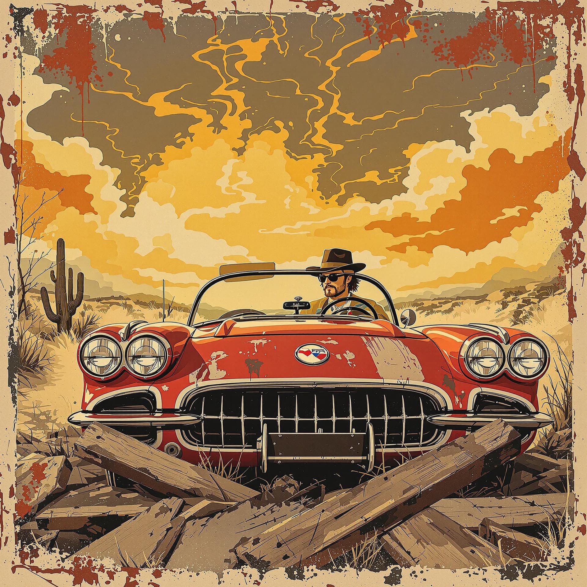 AI generated: Corvette convertable vintage poster,  A hippy driver with a top hat in the style of rustic simplicit...