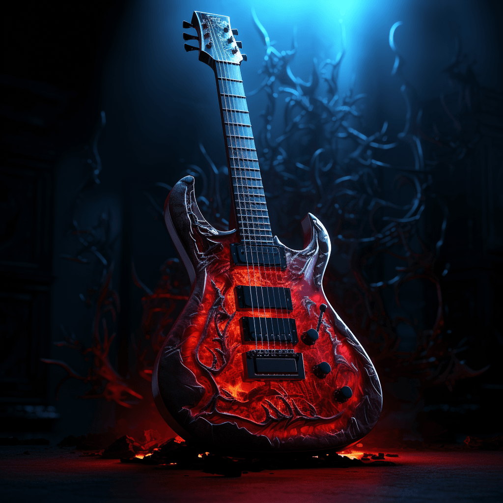 AI generated: an twisted electric guitar, translucent, a hellishly evil soul, dark, intricate design and details, ...