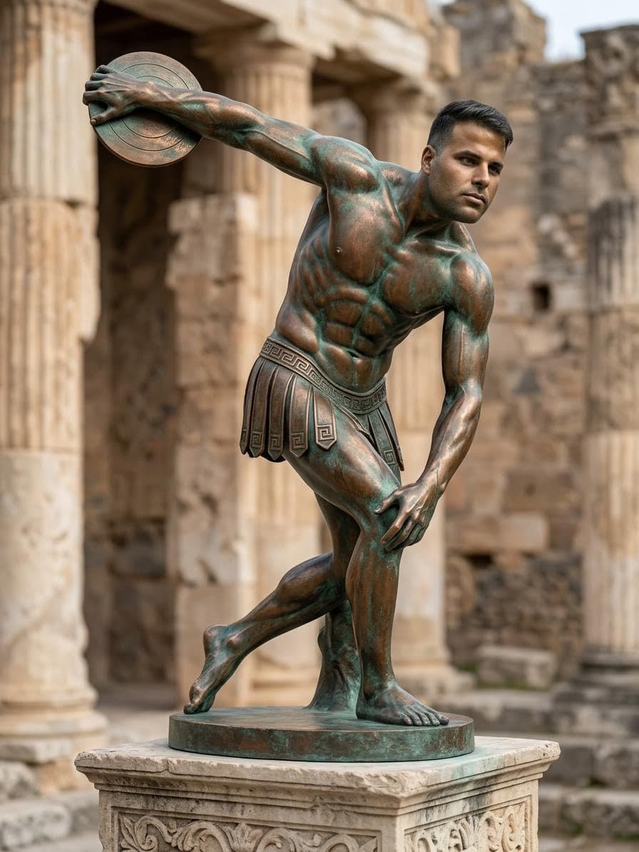 AI generated: create a muscular Adonis like a Greek Olympic warrior back then from the Asian times, and use the fa...