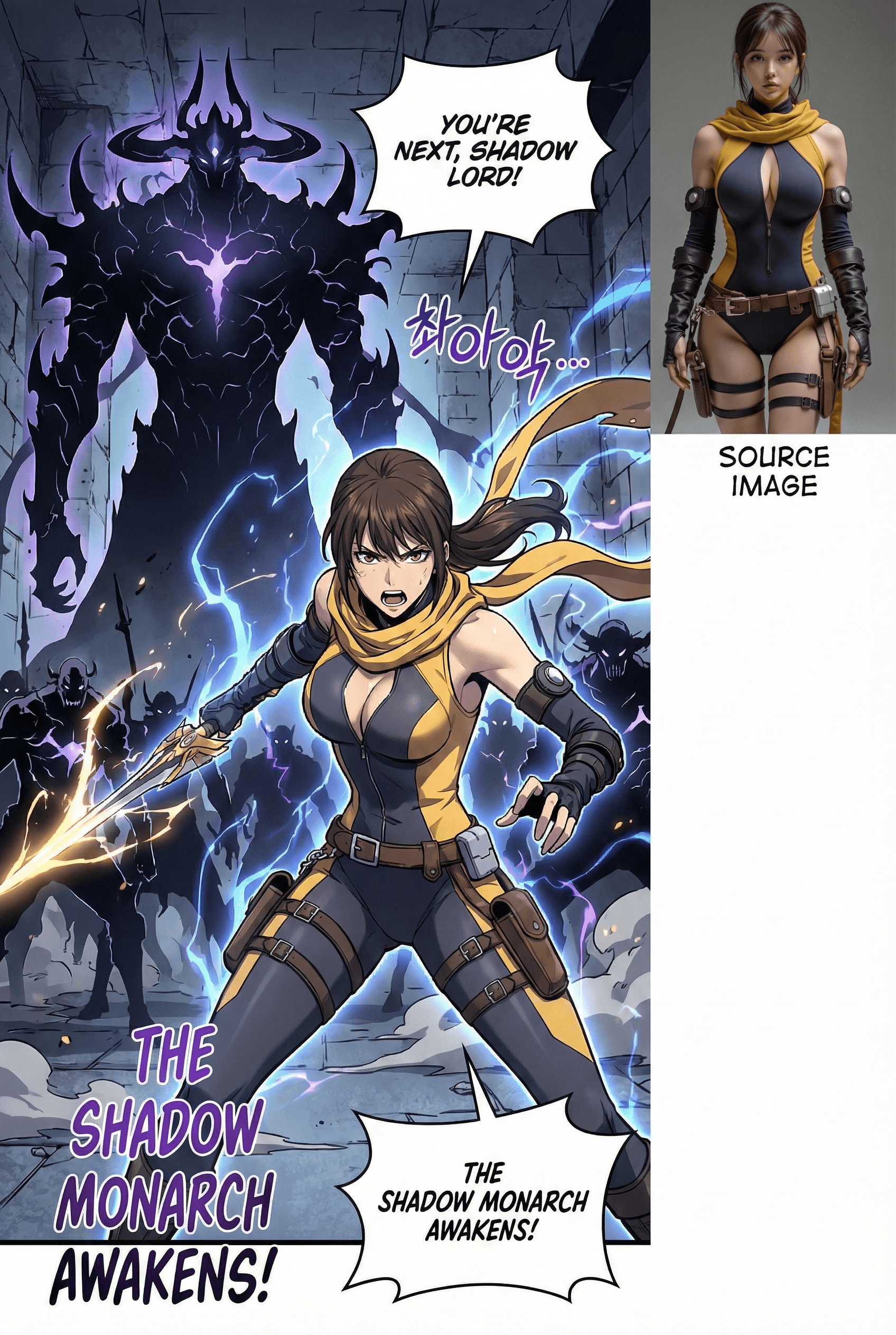 AI generated: generate a comic matching the style of korean comic "solo leveling" with the woman in the photo, con...