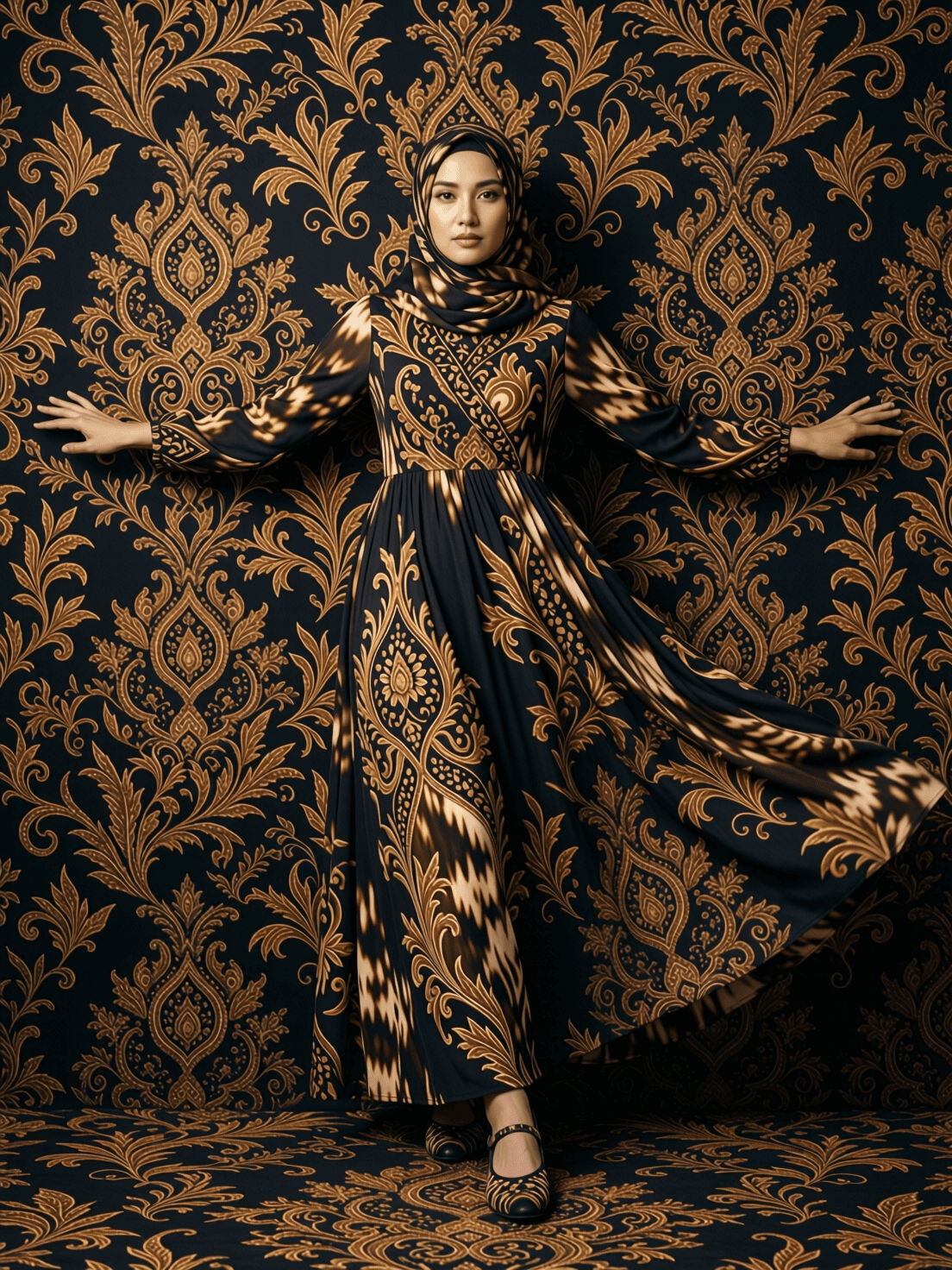 AI generated: Fashion photography. One batik design. A tall Indonesian model, 30 years old, looking at camera, pos...