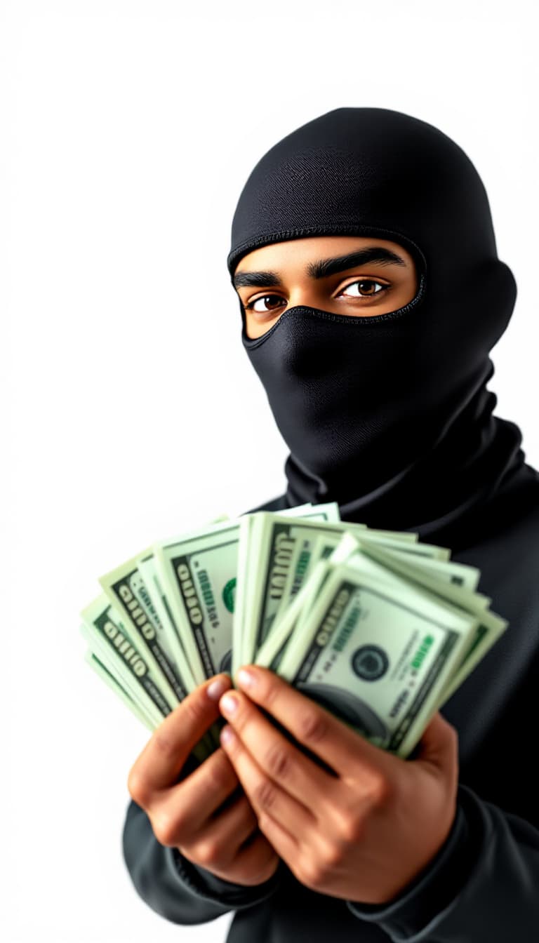 AI generated: a 3D illustration of a black man wearing a black balaclava, He is holding a stack of $100 usd green ...