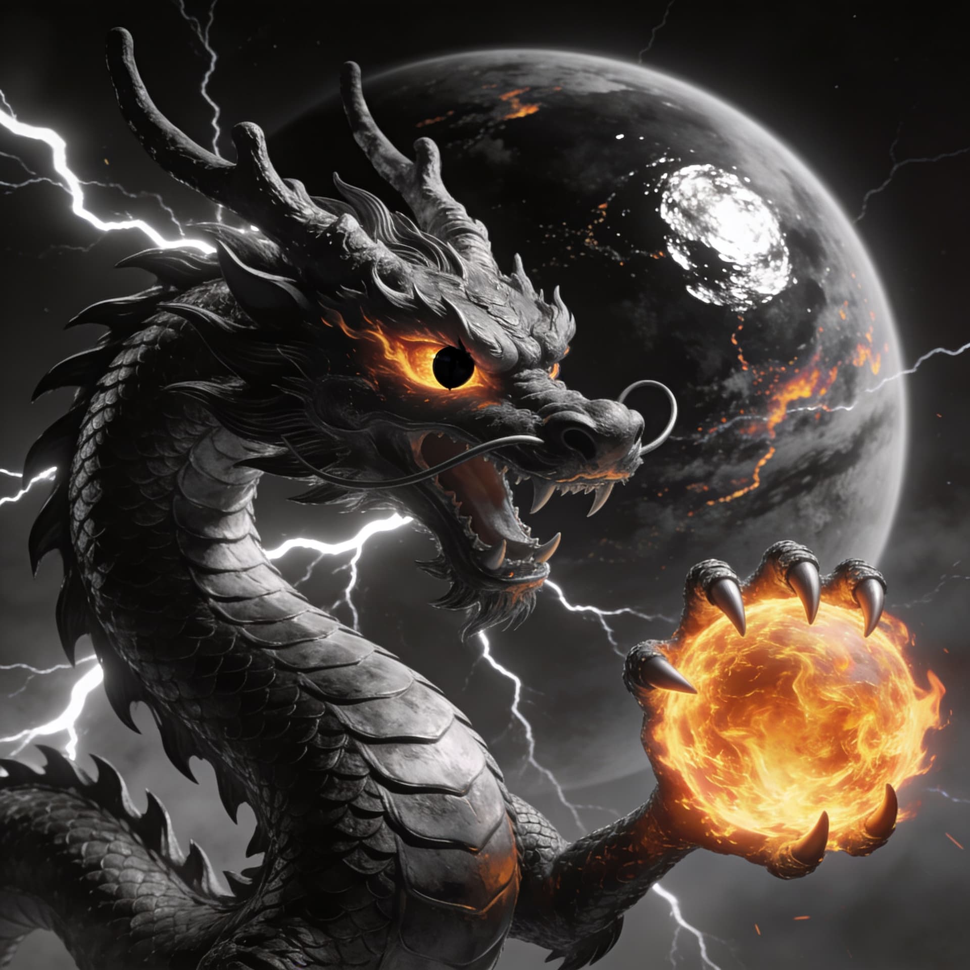 AI generated: a realistic furious Chinese dragon in black and gray, head turned 3/4 and mouth open in the foregrou...
