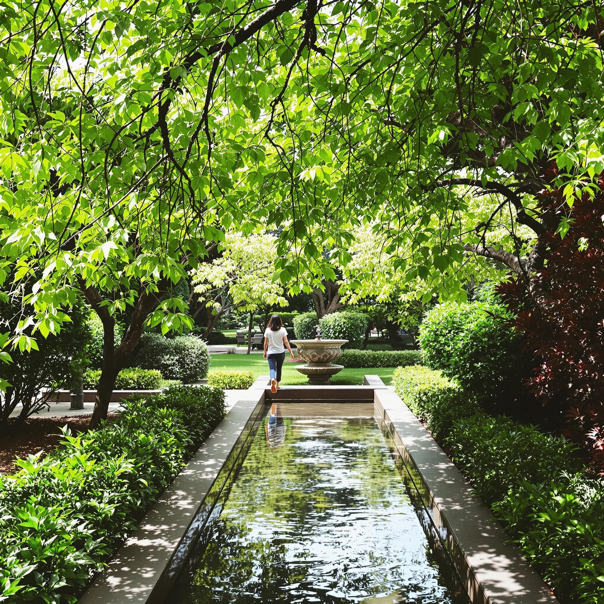 AI generated: The image portrays a tranquil garden scene, lush with vibrant greenery. A central water feature draw...