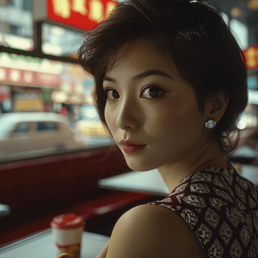 AI generated: Ultra-Wide Angle - Pull the camera very far back from subject, realistic, Hong kong 1960s woman with...