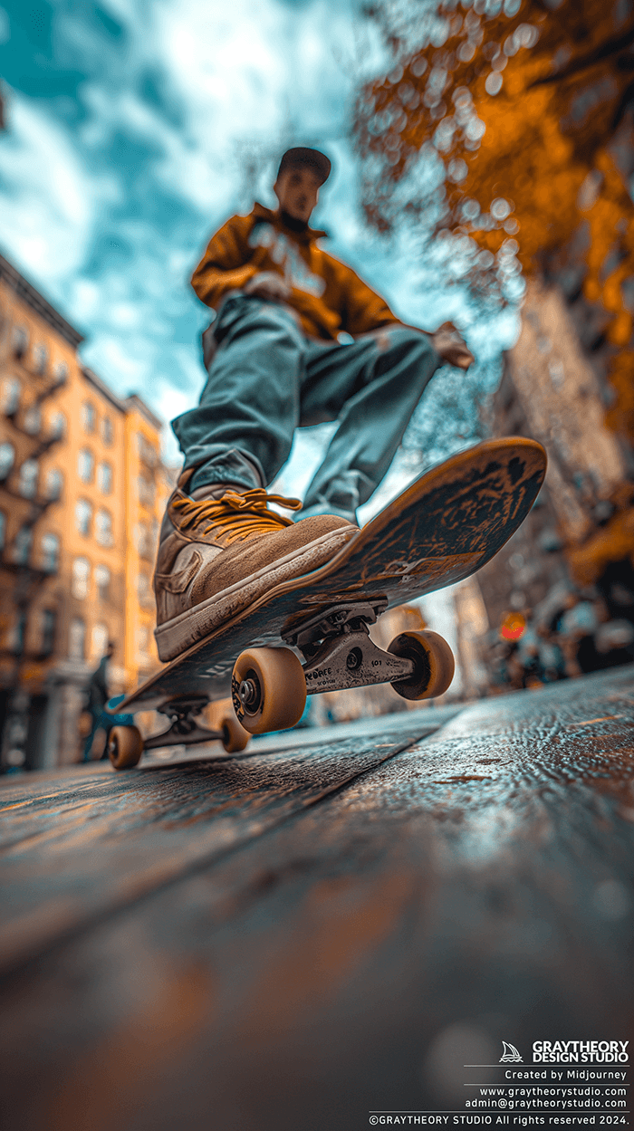 AI generated: photography, dynamic range, in the city, ollie motion with professional man skateboarder