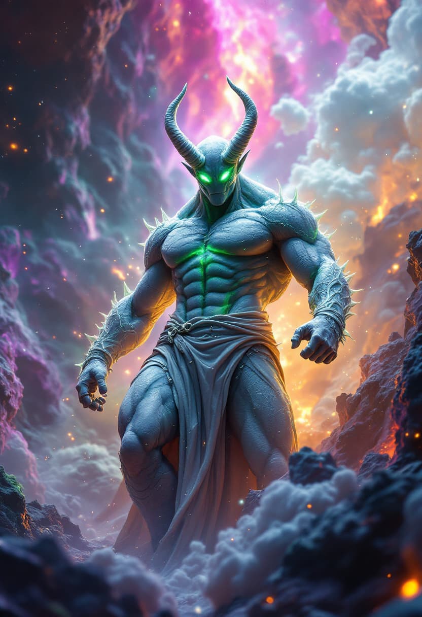 AI generated: God of the Acid, full-body, No Hair or mouth, Etherial, muscular, Glowing Neon Green eyes, epic, cin...