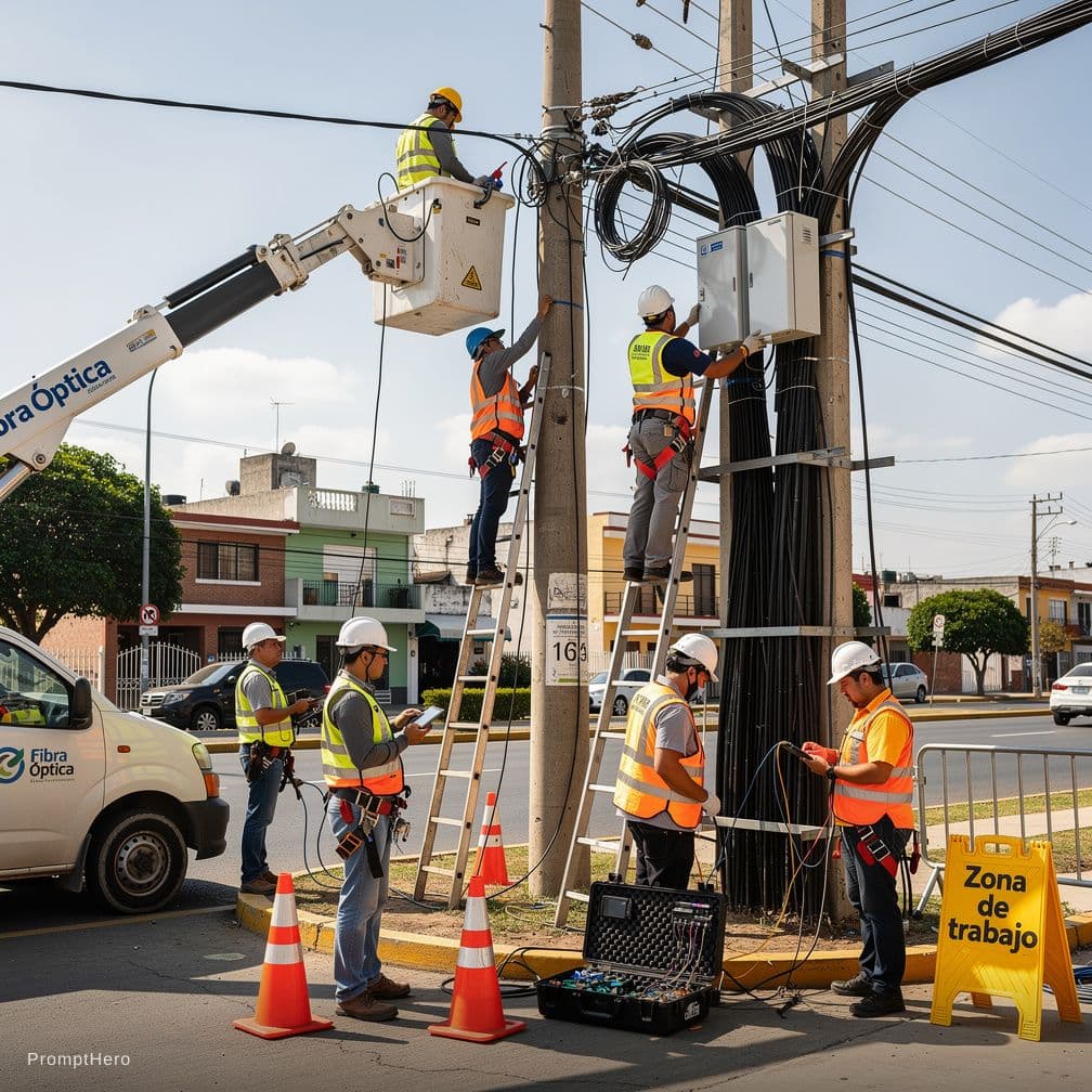 AI generated: cuadrilla de personas instalando red de fibra optica aerea en planta externa 