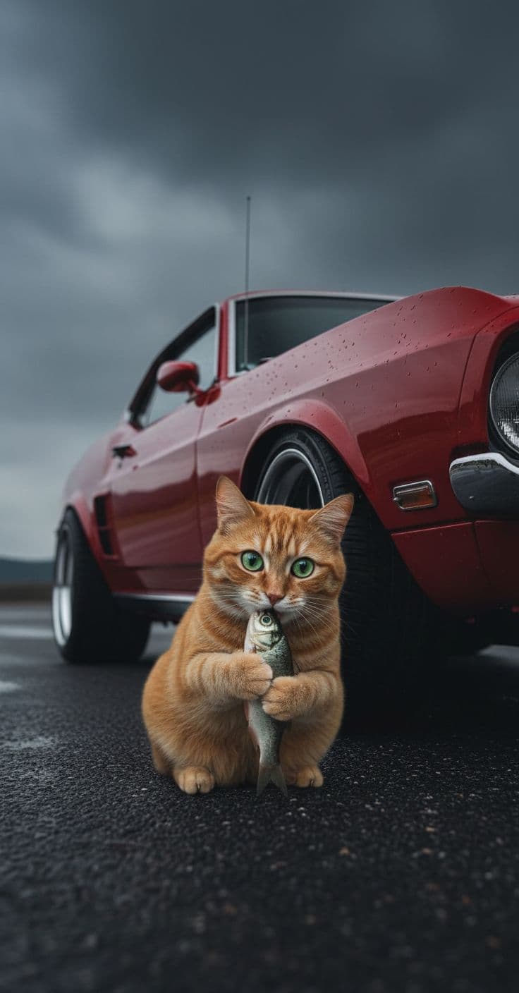 AI generated: An orange cat with big innocent eyes sits under a red car and is eating fish.