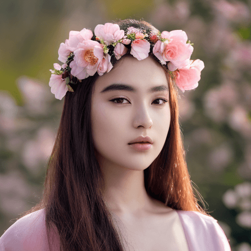 AI generated: 20years old, beautiful roses on head, pink cherry blossom in background, close angle, 8k ultra reali...