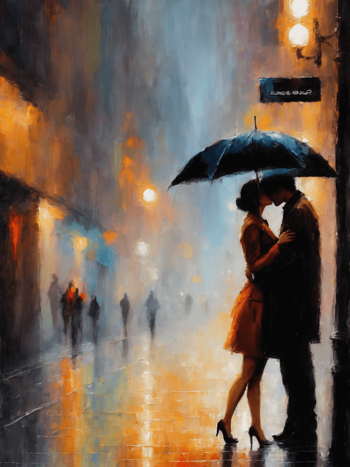AI generated: Lovers profound kiss, caught under the rain, a busy city street, romantic, warm lights, modern, nost...