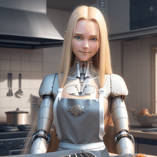 AI generated: Bare skin, apron, kitchen, cooking, cutting, long hair, hair, smooth hair, blonde hair, European, bl...