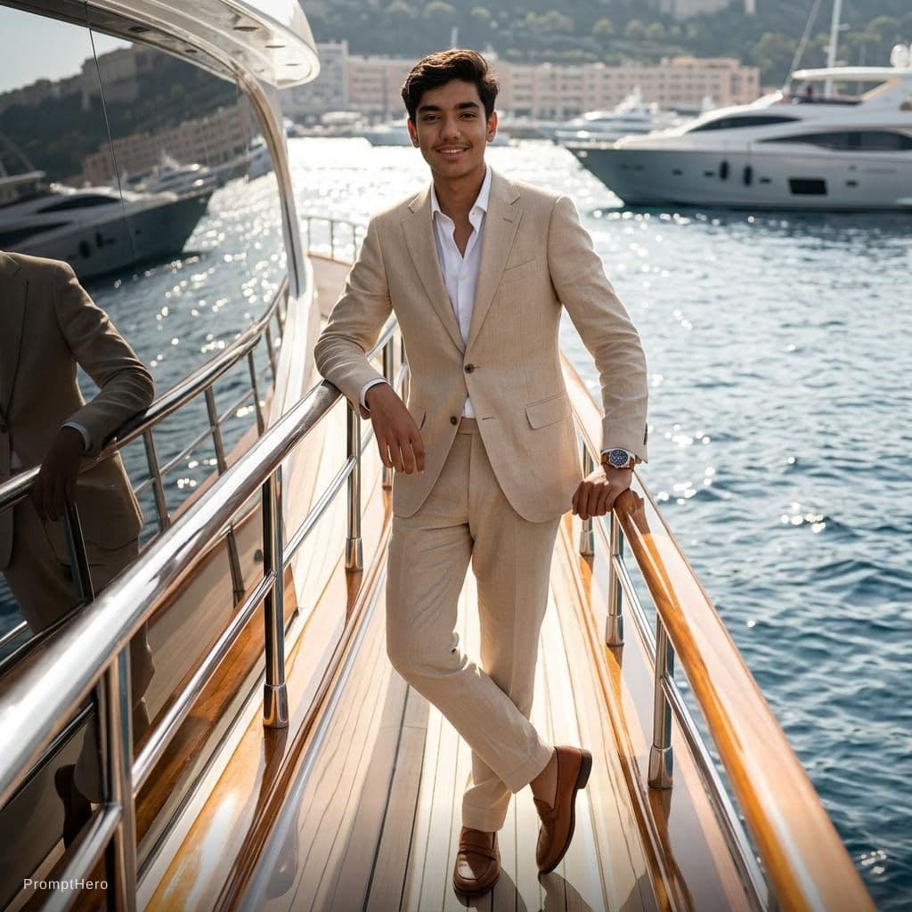 AI generated: Create a high-end fashion image of a male model wearing a tailored summer suit with an open shirt. P...