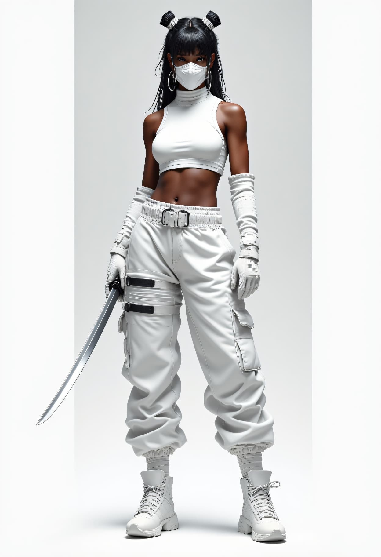 AI generated: A black female warrior in all-white modern ninja outfit, cyberpunk style, crop top with face mask, b...