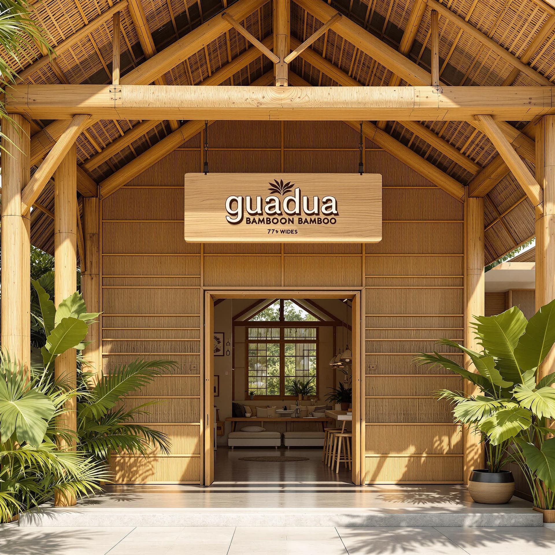 AI generated: Design of a guadua (bamboo) commercial space, 7 meters wide by 17 meters deep. The façade features a...