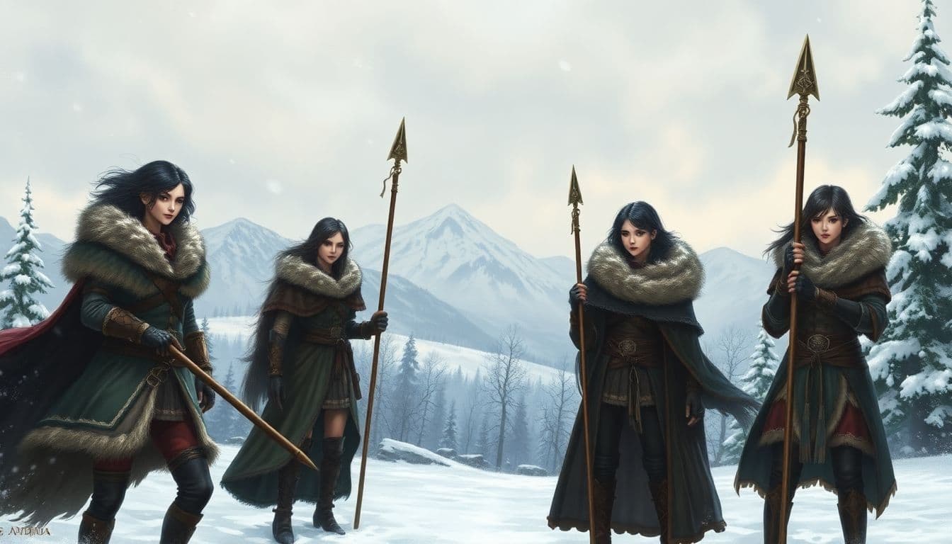 AI generated: a wide-angle, fantasy-themed painting of four female warriors set off in the distance in a snowy lan...